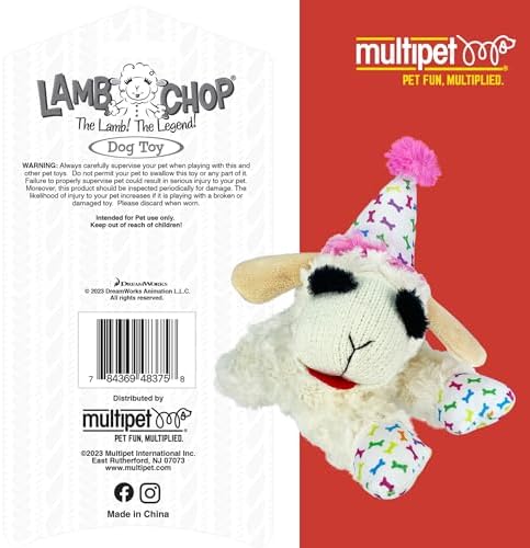 Multipet Lamb Chop Dog Plush Toy with Birthday Hat - Squeaky Dog Toy - Image 5
