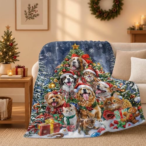 Neasow Christmas Throw Blanket, Cats and Dogs Pets Christmas Tree and Snowflake Design Soft Fuzzy Cozy Flannel Blanket Gift for Family and Friends Home Sofa Couch Chair Decorative 50x60 Inch - Image 3