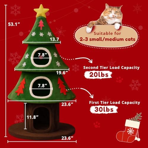 LUCKLIFE 54" Christmas Cat Tree with 3 Cozy Condos,Indoor Holiday Pet Tower - Image 2