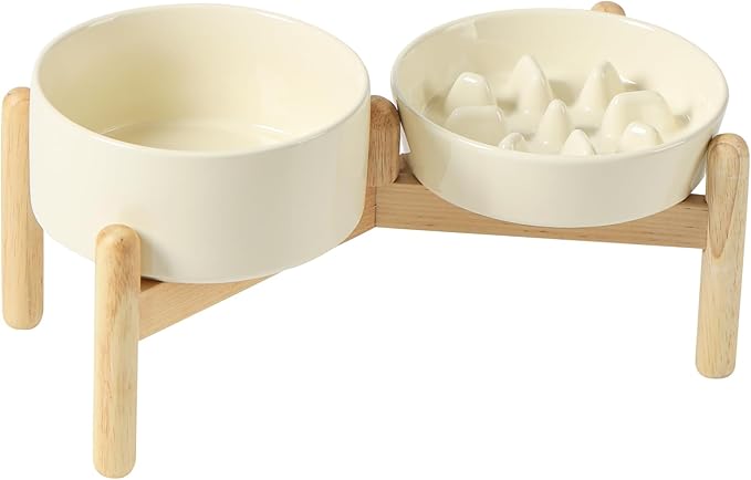 Havniva Elevated Slow Feeder Dog Bowls, Ceramic Dog Bowl Slow Feeder Set | 0.9 Cups Raised Slow Feeding Bowl for Small Breed, 6.1” Dog Water Bowl with Wooden Stand, Puzzle Dog Slow Feeder, Non-slip
