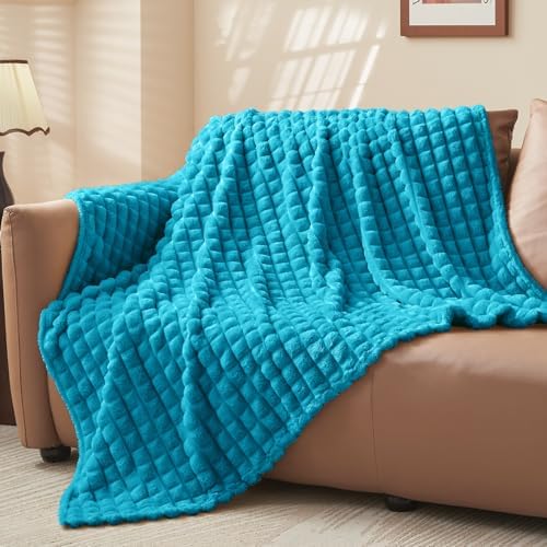 BEDELITE 3D Checked Teal Fleece Throw Blanket for Couch, 50x60 Inches - Image 2