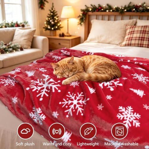 Vessia Snowflakes Printed Throw Blanket for Couch, 300GSM Red Winter Decor - Image 3