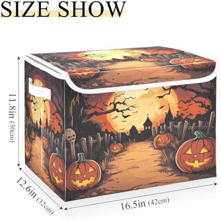 Bolaz Storage Bins with Lids and Handles,Halloween Night Pumpkin Skull Storage Box Storage Basket with Cover Collapsible Organizer Containers for Home Closet, Shelves - Image 3