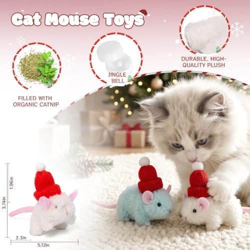 2 Pcs Xmas Catnip Mouse Toys for Cats, Cute Plush Rat Wearing Knit Hat, Built-in Bell & Catnip, Funny Holiday Chew Gift for Indoor Kitty - Image 2