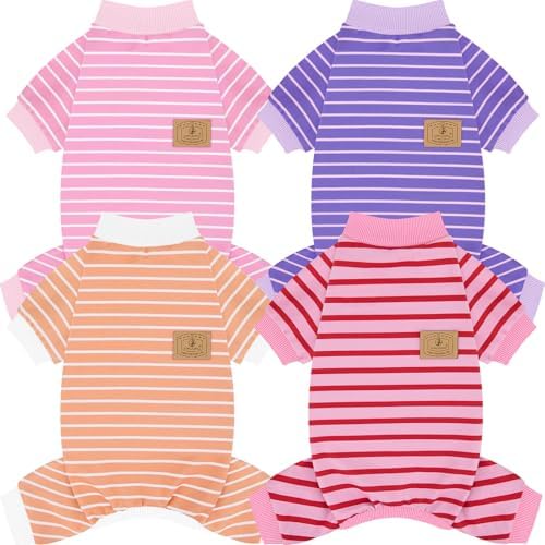 XPUDAC 4 Pack Dog Pajamas Striped Dog Clothes for Small Medium Dogs Girl Boy Comfy Puppy Outfit Doggy Jammies Onesie Pet Costume, Purple, Pink, Orange, S by XPUDAC