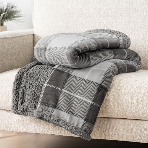PAVILIA Twin Plaid Sherpa Throw Blanket for Couch Sofa Bed Light Grey 60x80 - Image 4