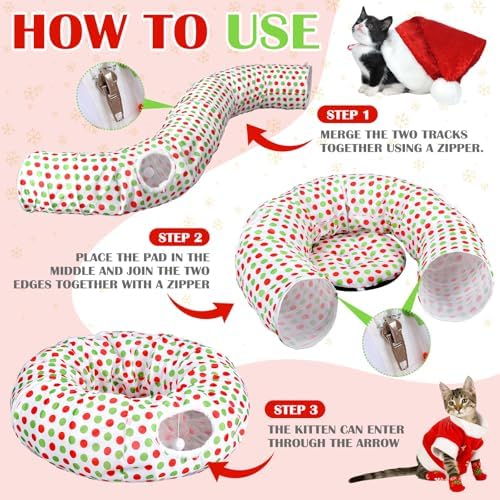Soulchen Cat Tunnel Christmas Tree Skirt 3ft x 3ft Red and Green Cat Bed - Image 4