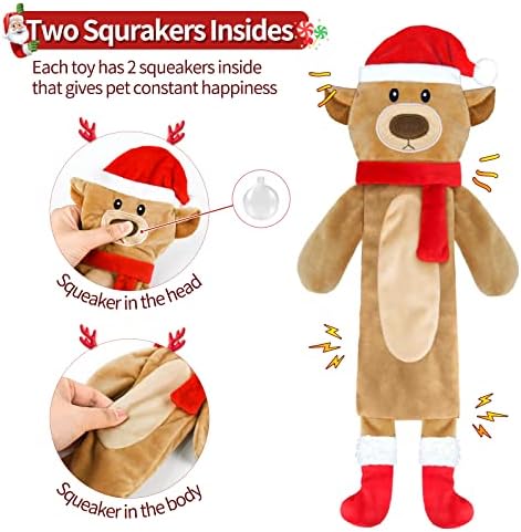 3 Pack Christmas Squeaky Dog Toys, Plush No Stuffing Toy for Dog Puppy, Durable Chew Bite Toys for Small Medium Large Dogs, Interactive Xmas Reindeer, Penguin, Bear for Aggressive Chewers - Image 3