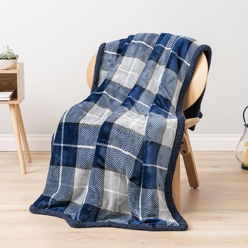 PAVILIA Twin Plaid Sherpa Throw Blanket for Couch Sofa Bed, Navy, 60x80 - Image 6