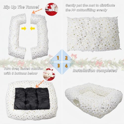Extra Large Cat Tunnel Bed for Indoor Cats with Warm Mat, Cat Toys Cave Dount Tube for Xmas Decor White - Image 6