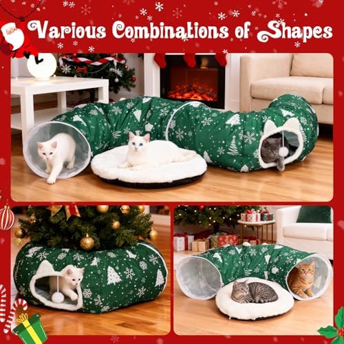 Cat Tunnel Bed Under Christmas Tree, Cat Tunnel Christmas Tree Skirt for Indoor Cats, Donut Tunnel Toys for Multiple & Large Carts, for Kitten, Rabbit, Puppy, Green Snowflake - Image 2