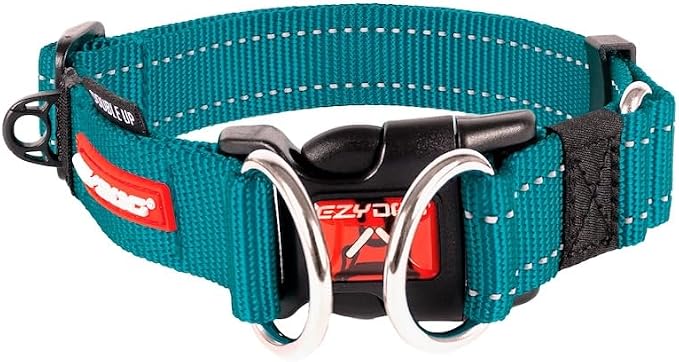 EzyDog Double Up Dog Collar, Strong Double D-Rings - X-Large, Teal | Dual D-Rings for Superior Strength, Safety, and Comfort, Soft Touch Nylon Webbing, Reflective Stitching, Id Attachement Point