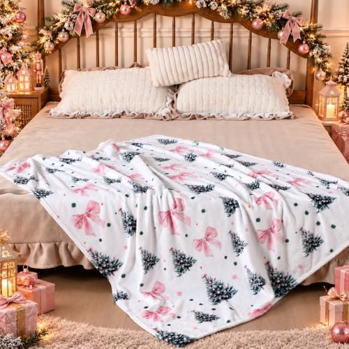 FuWeave Pink Bow Christmas Throw Blanket 50 x 60 Inches Xmas Tree Blanket - Image 5