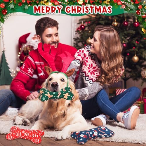 6 Pack Christmas Dog Squeaky Bone Toys Plush Interactive Dog Pets Birthday Bone Shape Stuffed Chew Toys for Puppy Small Medium Large Squeak Toss Play - Image 4