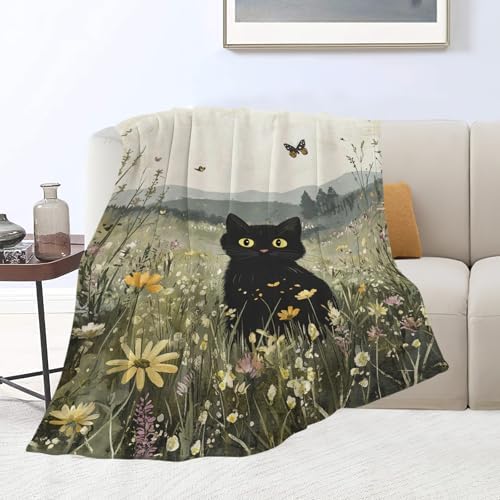 Black Cat Blanket Floral Wildflower Kitten Throw Blankets Gifts for Girls Boys Kids Cat Lover Soft Cozy Fleece Plush for Couch Sofa Bed 80"x60" - Image 2
