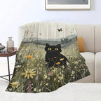 Black Cat Blanket Floral Wildflower Kitten Throw Blankets Gifts for Girls Boys Kids Cat Lover Soft Cozy Fleece Plush for Couch Sofa Bed 80"x60" - Image 2