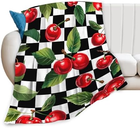Cherry Blanket for Girls Women Adults Kids Soft Cozy Fleece Fruit Buffalo Plaid Preppy Gifts Throw Blankets Warm Flannel Plush Lightweight Decor for Couch Bed Sofa 80"X60" - Image 2