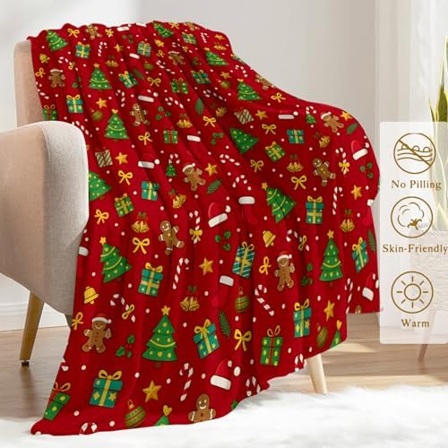 Christmas Decorative Throw Blanket, Gingerbread Tree Hat Sock Bow Star Print Decoration, Soft Flannel Winter Blankets for Couch Bed Sofa, Holiday Home Decor, Xmas Festival Gifts 40x50 Inch - Image 3