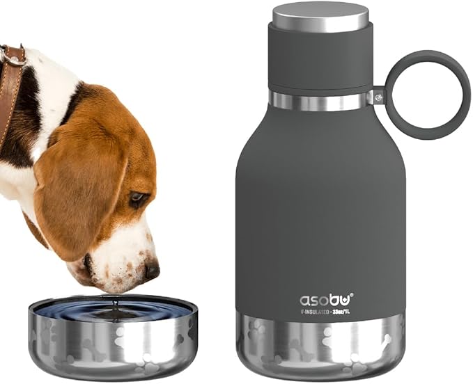 Asobu Dog Bowl Attached to Stainless Steel Insulated Travel Bottle for Human 37oz/1.1 Liter with Detachable Dog Bowl (Smoke)