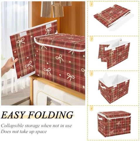 Bolaz Checked Bow Storage Bins with Lids and Handles, Storage Box Basket with Cover Collapsible Organizer Containers for Home Closet, Shelves - Image 4