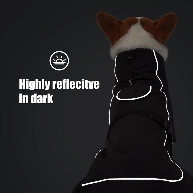 JOHNBOLIN Dog Winter Jacket & Raincoat - Waterproof Windproof Reflective Coat with Warm Insulation, All-Weather Hiking Travel Gear for Indoor/Outdoor Use(Black, XX-Large)