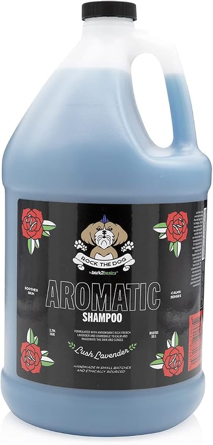 Bark2Basics Rock the Dog Aromatic Lavender Calming Pet Shampoo, 1 Gallon | Concentrated, Lavender Essential Oil and Chamomile Calm and De-Stress Dogs, Brightens Coats, Grooming Wash, Groomer Grade