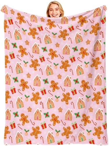 Pink Gingerbread Christmas Throw Blanket, Soft Lightweight Candy Cane Xmas Flannel Blanket for Winter Holiday Couch Sofa Bed Chair Living Rooms Home Decor Gifts 50 x 60 Inch - Image 5