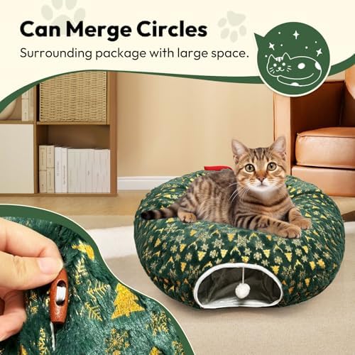 CHUN. F Comfort Green Cat Bed for Christmas Tree – Christmas Themed Cat Tube for Holiday Season –A Big Red Bow - Ultra-Soft Plush Velvet Cute Cat Bed - Image 4