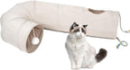 Cat Tunnel, 2-Way Collapsible Cat Tube with Interactive Peek-A-Boo Hole, Toy Ball, and Rope Ideal for Indoor Cats, Kittens, and Rabbits, Beige