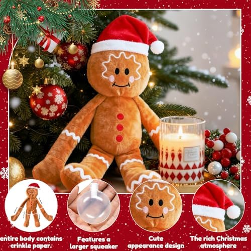 No Stuffing Squeaky Christmas Dog Toys with Crinkle Paper, 21”Cute Christmas Gingerbread Man Gift Dog Plush Toys Chew Toys,Durable Interactive Dog Toys for Large Medium Small Breed, - Image 2
