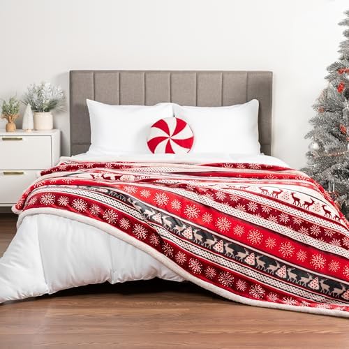 PAVILIA Christmas Sherpa Throw Blanket, Red & White Snowflake, Reindeer, Reversible Fleece & Sherpa Cozy Winter Blanket for Couch & Bed, 50x60, Christmas & Holiday Decor - Image 7