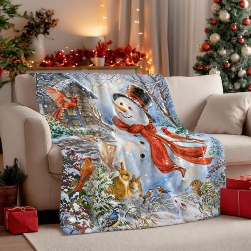 Neasow Christmas Throw Blanket, Snowman and Redbirds Cabin Animals Design Soft Fuzzy Cozy Flannel Blanket Gift for Family and Friends Home Sofa Couch Chair Decorative 50x60 Inch - Image 4
