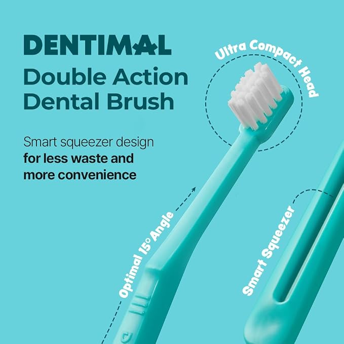 Breezytail Dentimal Double Action Pet Toothbrush (4 Pack) - 0.63" Ultra-Compact Head for Small to Medium Dogs & Cats, Dupont Ultra-Soft 90-Micron Micro-Fine Bristles, 15° Angled