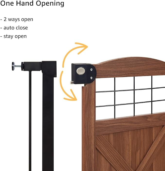 beeNbkks Farmhouse Barn Door Dog Gate, 30" Tall Anti-Trip Pet Barrier | No-Drill Pressure Mounted Pet Gate Fits 29"-40" Wide Openings, Featuring Wooden Walk-Through Door and Metal Frame
