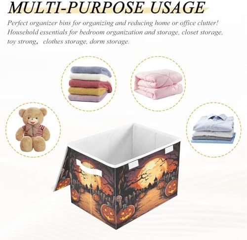Bolaz Storage Bins with Lids and Handles,Halloween Night Pumpkin Skull Storage Box Storage Basket with Cover Collapsible Organizer Containers for Home Closet, Shelves - Image 7
