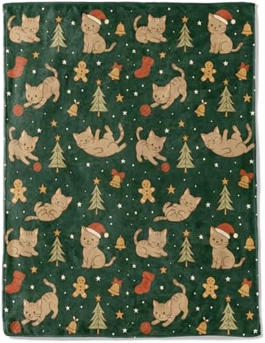 Cute Cat Christmas Decorative Throw Blanket, Kitten Gingerbread Tree Bell Print Decoration, Soft Flannel Winter Blankets for Couch Bed Sofa, Holiday Home Decor, Xmas Festival Gifts 60x80 Inch by AINORI