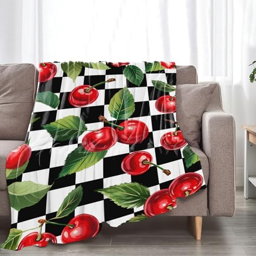 Cherry Blanket for Girls Women Adults Kids Soft Cozy Fleece Fruit Buffalo Plaid Preppy Gifts Throw Blankets Warm Flannel Plush Lightweight Decor for Couch Bed Sofa 60"X50" - Image 5