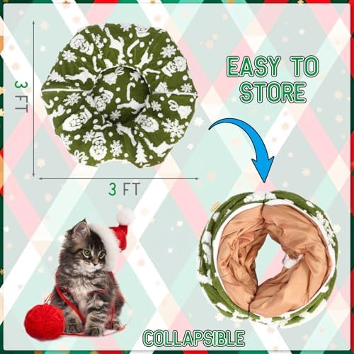 Cat Tunnel Christmas Tree Skirt 3 ft x 3 ft x 10 Inch Cat Bed Donut Cave Indoor Fluffy Circular with Mat and Ball Playground Toys for Festive Kitten Puppy Ferret Rabbit(Green,Elk) - Image 2