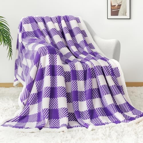 Touchat Sherpa Plaid Twin Blanket 60" X 70", Fuzzy Fluffy Soft Cozy Throw Blanket, Twin Size Plush Fleece Flannel Plush Microfiber Blanket for Couch Bed Sofa (PurpleWhite) - Image 2