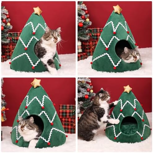 NIBESSER Cat Bed Christmas Tree Cat Tent House Self-Warming 2 in 1 Removable Comfortable Triangle Pet Teepee Xmas Dog Cave in Winter(Green/White) - Image 2
