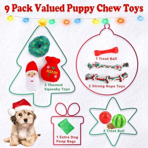Christmas Dog Toys 9 Pack, Luxury Santa Puppy Chew Toy, Cotton Squeaky Plush Toys for Small Dogs, Durable Interactive Rope Treat Dog Ball and Bones, Rubber Teething Toys for Dogs Gifts - Image 2