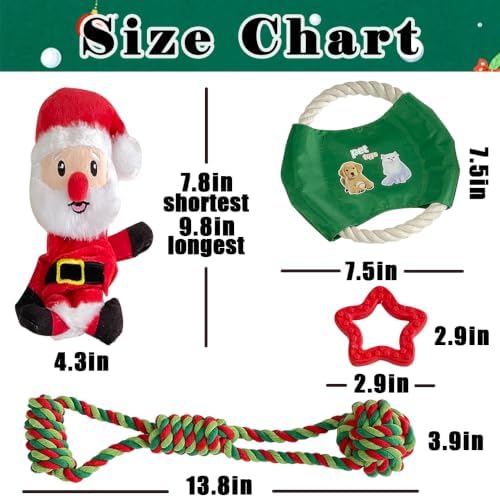 Christmas Dog Toys 4 Pack, Squeaky Plush, Rope Frisbee & Teething Toys - Image 5