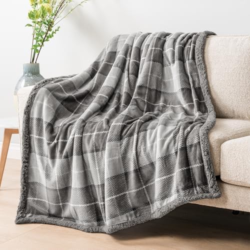 PAVILIA Twin Plaid Sherpa Throw Blanket for Couch Sofa Bed Light Grey 60x80 - Image 5