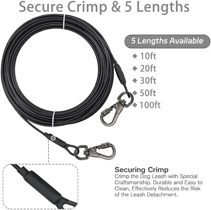 Dog Tie Out Cable - Chew Proof Steel Wire Lead - 360° Tangle Free Outdoor Leash for Pups - Dog Runner Cable for Small to Medium Dogs (Black, 45lbs/30ft)