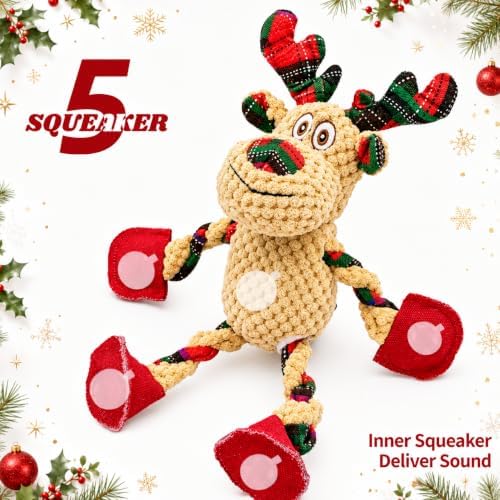 Christmas Squeaky Dog Toys- Interactive Plush Toys with 5 Squeakers- Stuffed Dog Toys for Medium & Large Breeds- Reducing Boredom and Relieving Anxiety (Elk) - Image 2