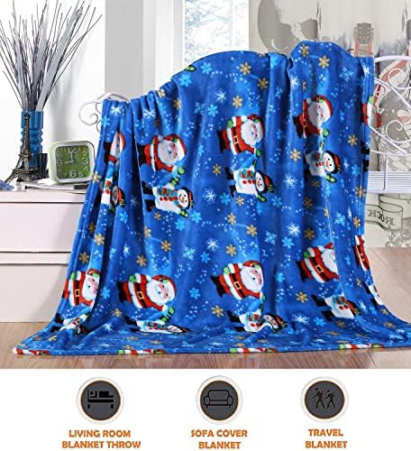 Elegant Comfort Luxury Velvet Super Soft Christmas Prints Fleece Blanket-Holiday Theme Home Décor Fuzzy Warm and Cozy Throws for Winter Bedding, Couch and Gift, 50 x 60 inch, Blue Santa Snowman - Image 3