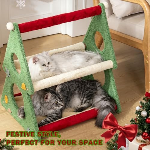 Nonta 20.47“ Christmas Cat Bed, 2‑Tier Festive Cat Perch for Indoor Cats, Soft Plush Triangle Cat Tree with Peek‑a‑Boo Holes, Stable Compact Multi‑Cat Cat Furniture for Holiday Home Decor - Image 3