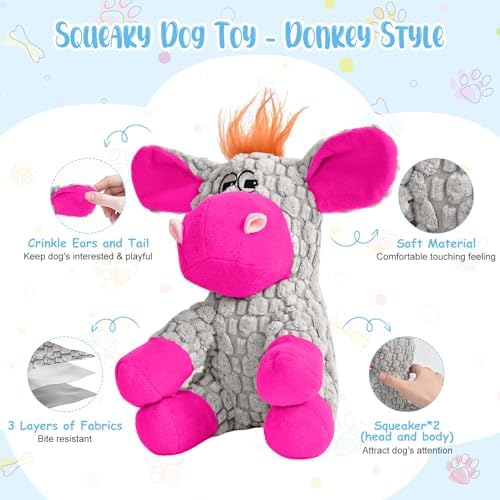 Stuffed Dog Squeak Toys, Tough Crinkle Stuffed Animal Squeaky Interactive Toys, Dog Chew Toys for Puppy, Small, Middle, Plush Chew Toys Pink Donkey - Image 2