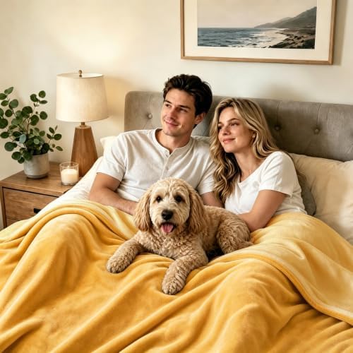 LOOBANI Yellow Waterproof Blanket for Bed, Flannel King Size 85"x108" - Image 5