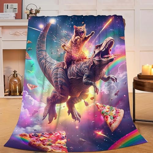 Funny Dinosaur and Cat Blanket Universe Rainbow Pizza Dino Cat Throw Blanket Gifts for Girls Women Kids Adults Super Soft Cozy Plush Fluffy Fuzzy Fleece Blanket Home Decor 50''X60'' - Image 2